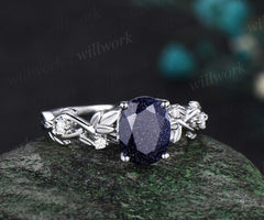Oval cut blue sandstone ring vintage white gold blue goldstone engagement ring infinity five stone leaf anniversary ring gift