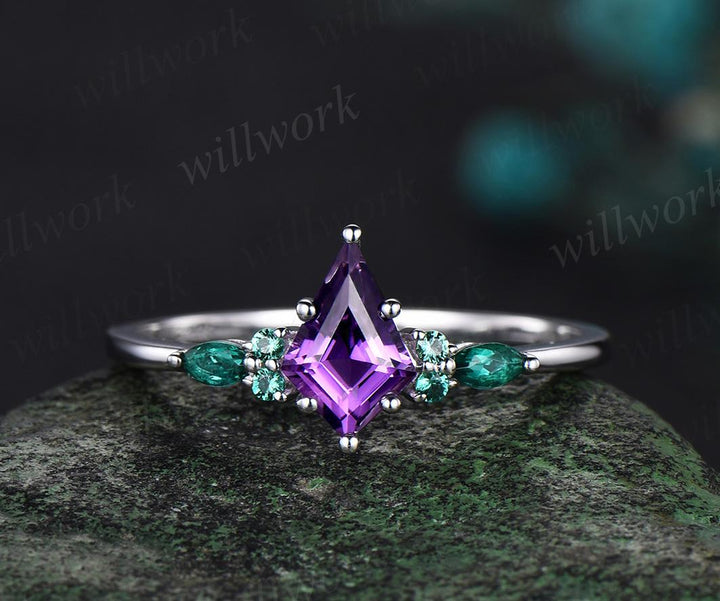 kite cut amethyst emerald engagement ring set solid 14k white gold stacking bridal ring set women gift
