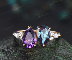Pear amethyst alexandrite engagement ring solid 14k yellow gold unique diamond wedding promise ring women jewelry