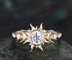 Round cut IGI lab grown diamond engagement ring sun moon promise ring her unique bezel five stone wedding ring women