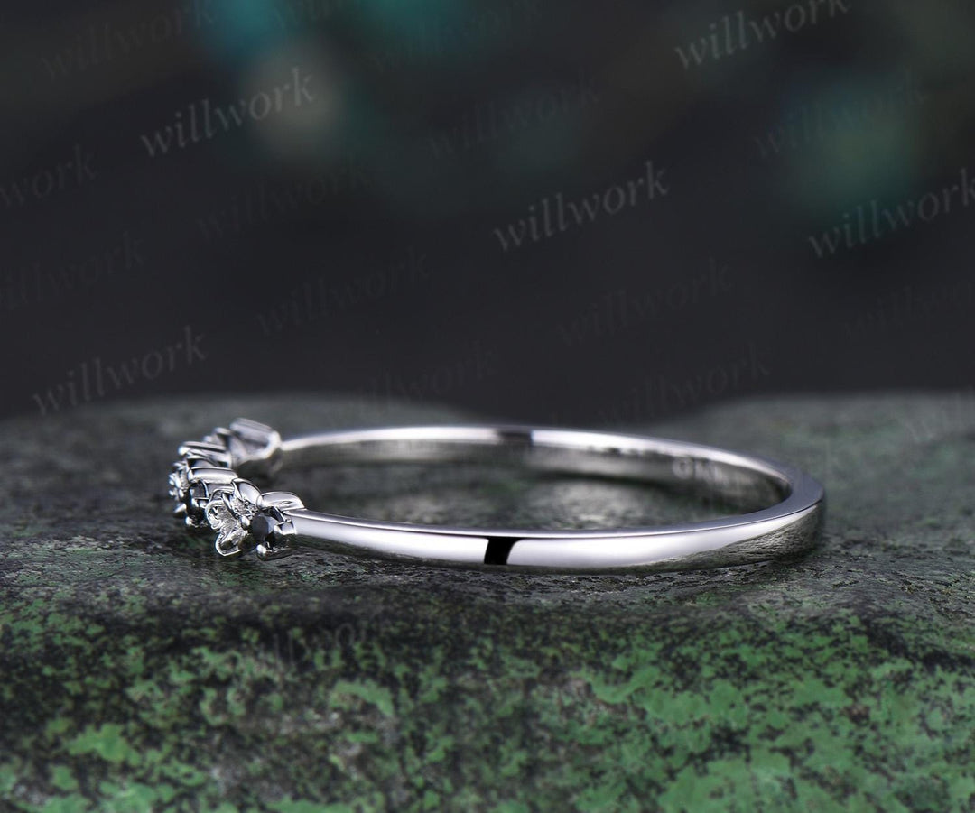 Dainty natural black diamond wedding band solid 14k white gold flower floral unique wedding ring band women anniversary gift