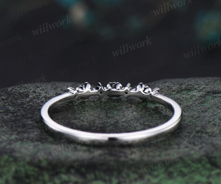 Dainty natural black diamond wedding band solid 14k white gold flower floral unique wedding ring band women anniversary gift