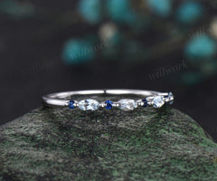 Marquise cut aquamarine wedding band art deco natural sapphire diamond wedding ring band 14k white gold anniversary bridal ring women