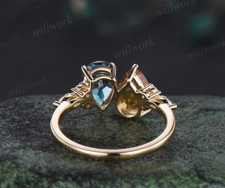Pear citrine alexandrite engagement ring solid 14k yellow gold unique diamond wedding promise ring women jewelry