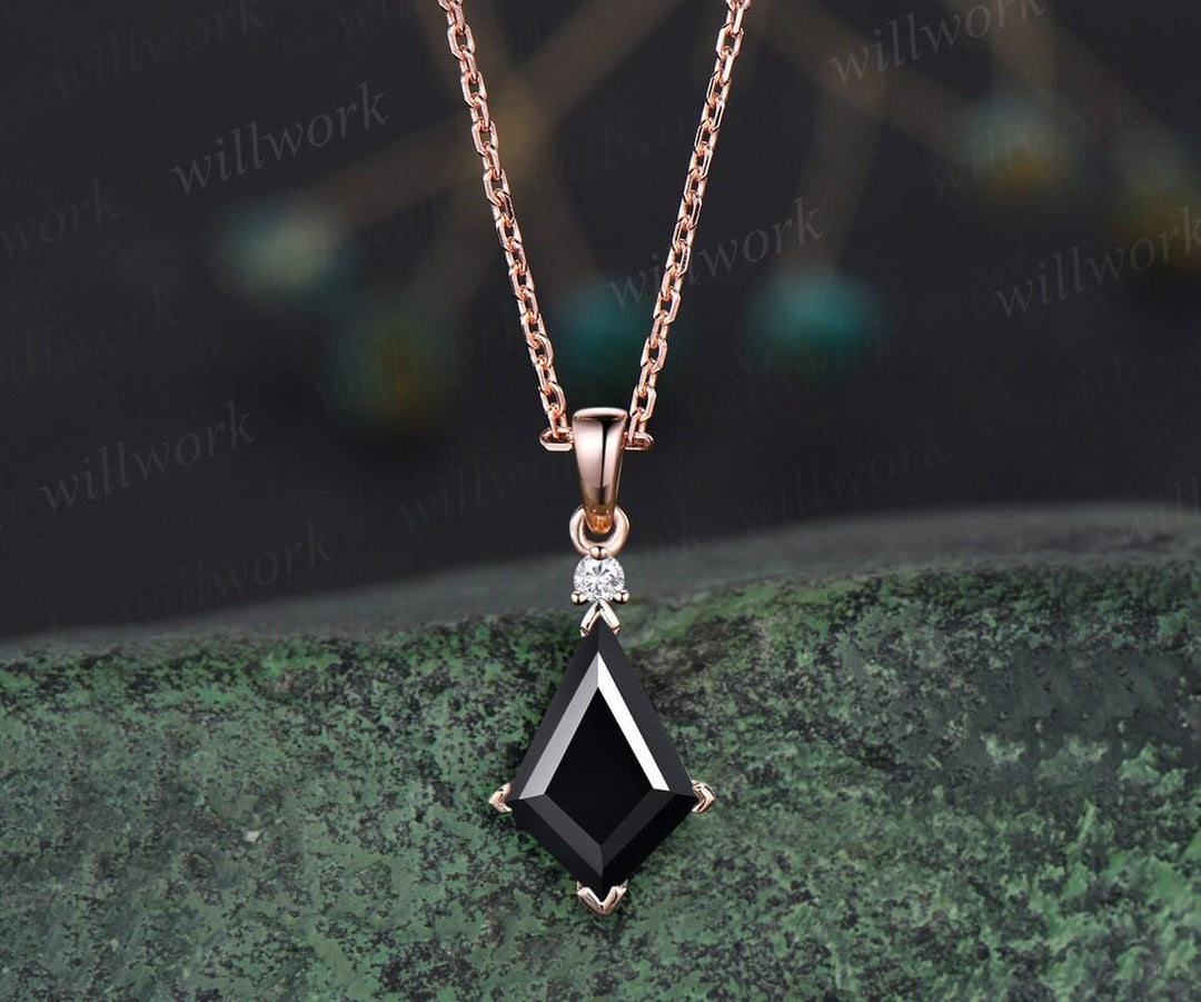 Kite cut black onyx ring necklace set vintage 14k white gold unique wedding promise ring set silver pendant for women
