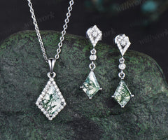 Kite cut natural moss agate earrings necklace set solid 14k white gold halo moissanite unique pendant for Women anniversary gift