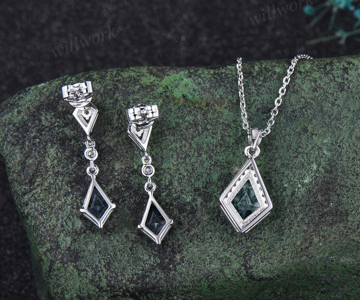 Kite cut natural moss agate earrings necklace set solid 14k white gold halo moissanite unique pendant for Women anniversary gift