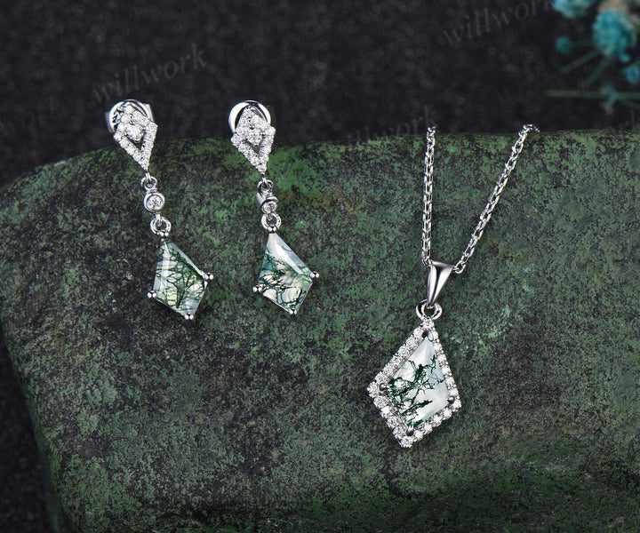 Kite cut natural moss agate earrings necklace set solid 14k white gold halo moissanite unique pendant for Women anniversary gift