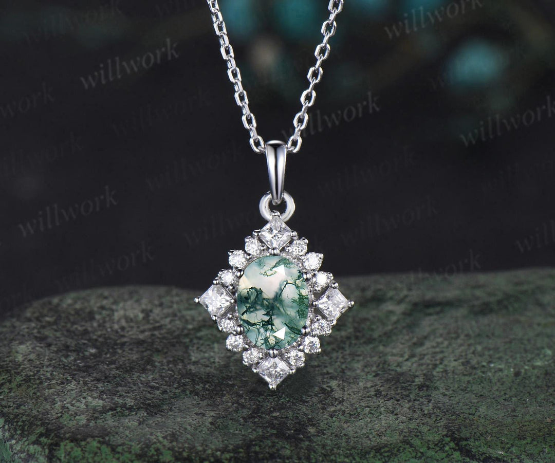 Vintage oval cut natural moss agate earrings necklace set 18k white gold princess moissanite unique pendant for women anniversary gift