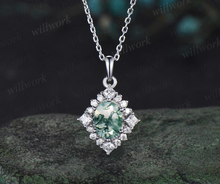 Vintage oval cut natural moss agate earrings necklace set 18k white gold princess moissanite unique pendant for women anniversary gift