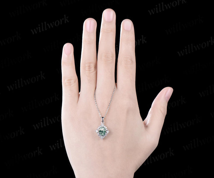 Vintage oval cut natural moss agate earrings necklace set 18k white gold princess moissanite unique pendant for women anniversary gift