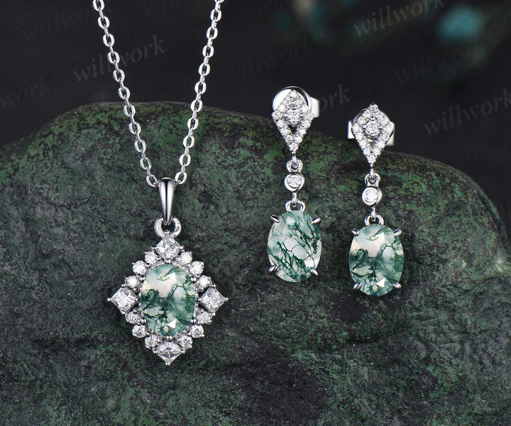 Vintage oval cut natural moss agate earrings necklace set 18k white gold princess moissanite unique pendant for women anniversary gift