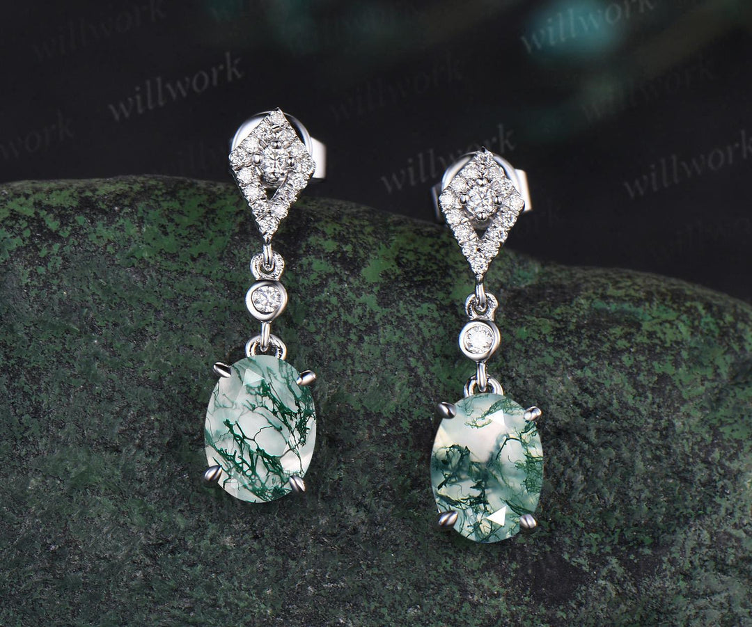 Vintage oval cut natural moss agate earrings necklace set 18k white gold princess moissanite unique pendant for women anniversary gift