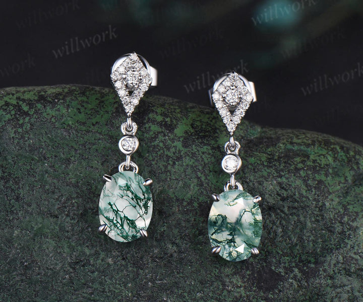 Vintage oval cut natural moss agate earrings necklace set 18k white gold princess moissanite unique pendant for women anniversary gift