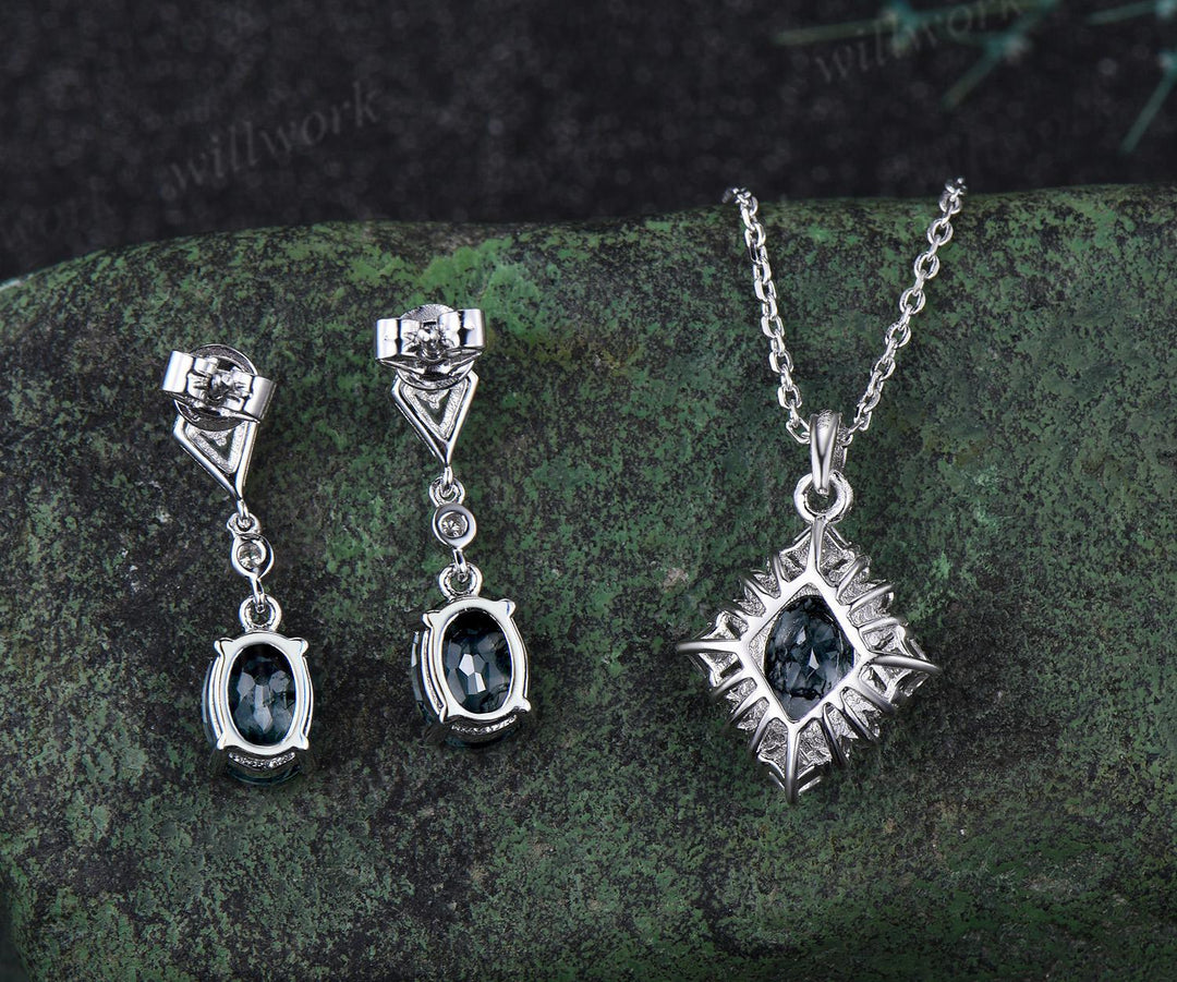 Vintage oval cut natural moss agate earrings necklace set 18k white gold princess moissanite unique pendant for women anniversary gift