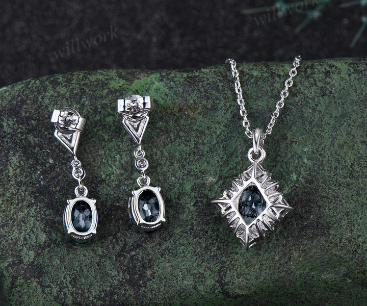 Vintage oval cut natural moss agate earrings necklace set 18k white gold princess moissanite unique pendant for women anniversary gift