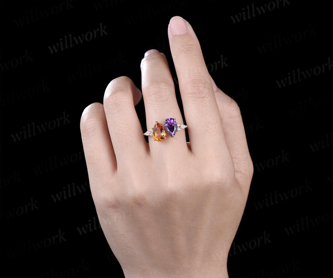 Teardrop pear citrine amethyst engagement ring solid 14k yellow gold unique diamond wedding promise ring women jewelry crystal ring