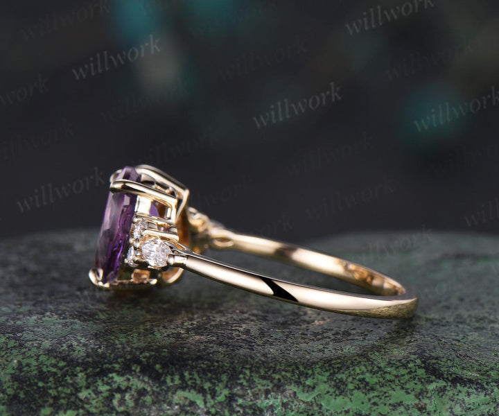 Teardrop pear citrine amethyst engagement ring solid 14k yellow gold unique diamond wedding promise ring women jewelry crystal ring