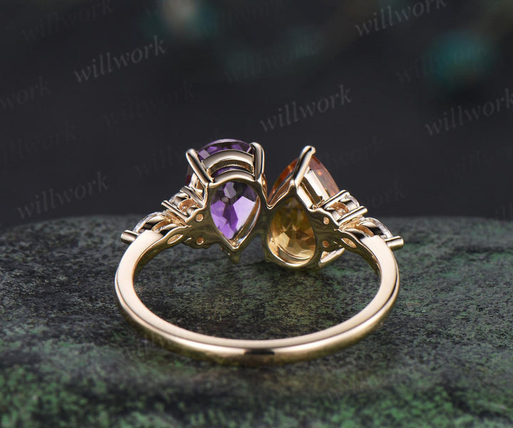 Teardrop pear citrine amethyst engagement ring solid 14k yellow gold unique diamond wedding promise ring women jewelry crystal ring