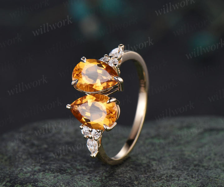 Teardrop pear cut yellow citrine engagement ring solid 14k yellow gold retro unique diamond crystal ring women anniversary gift