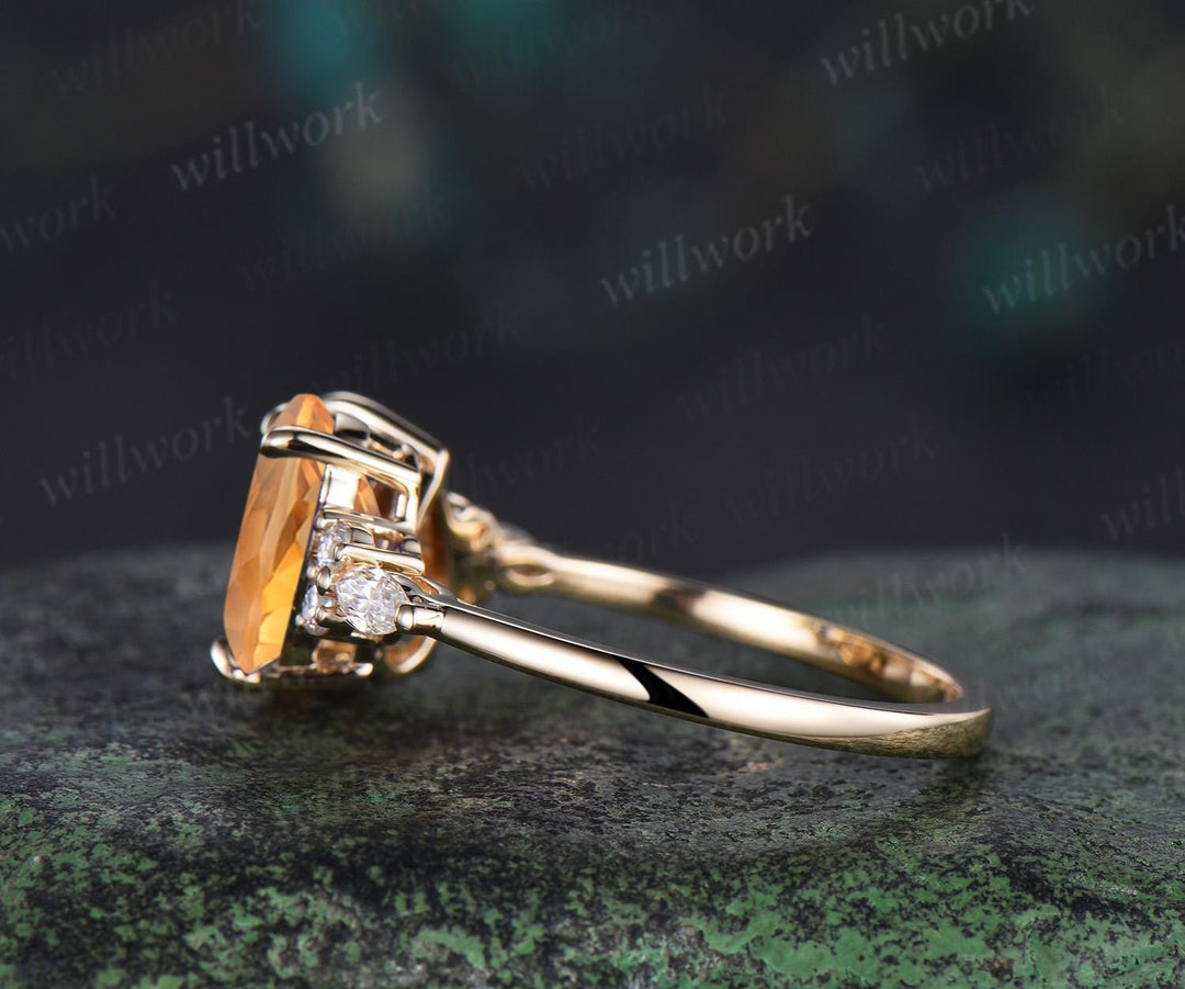Teardrop pear cut yellow citrine engagement ring solid 14k yellow gold retro unique diamond crystal ring women anniversary gift