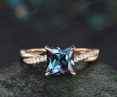 Princess cut alexandrite engagement ring 14k yellow gold 3/4 eternity twisted diamond ring vintage infinity promise ring women jewelry