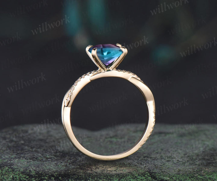 Princess cut alexandrite engagement ring 14k yellow gold 3/4 eternity twisted diamond ring vintage infinity promise ring women jewelry