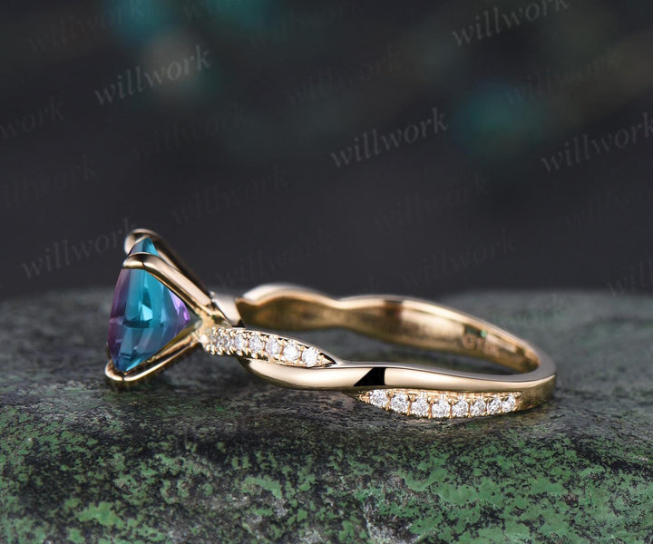 Princess cut alexandrite engagement ring 14k yellow gold 3/4 eternity twisted diamond ring vintage infinity promise ring women jewelry