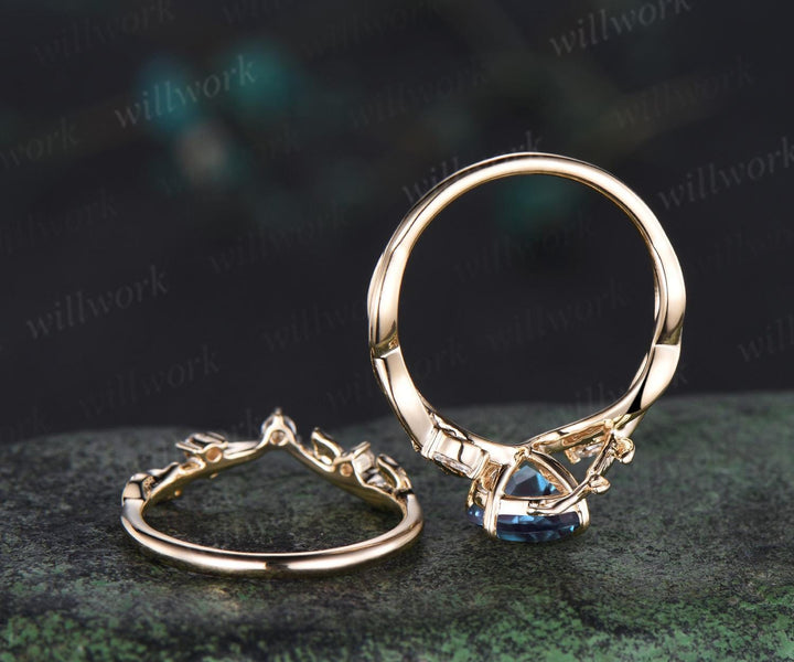 Pear cut alexandrite ring vintage infinity split shank engagement ring set art deco leaf diamond ring women antique unique wedding set gift