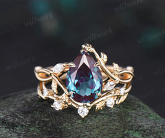 Pear cut alexandrite ring vintage infinity split shank engagement ring set art deco leaf diamond ring women antique unique wedding set gift