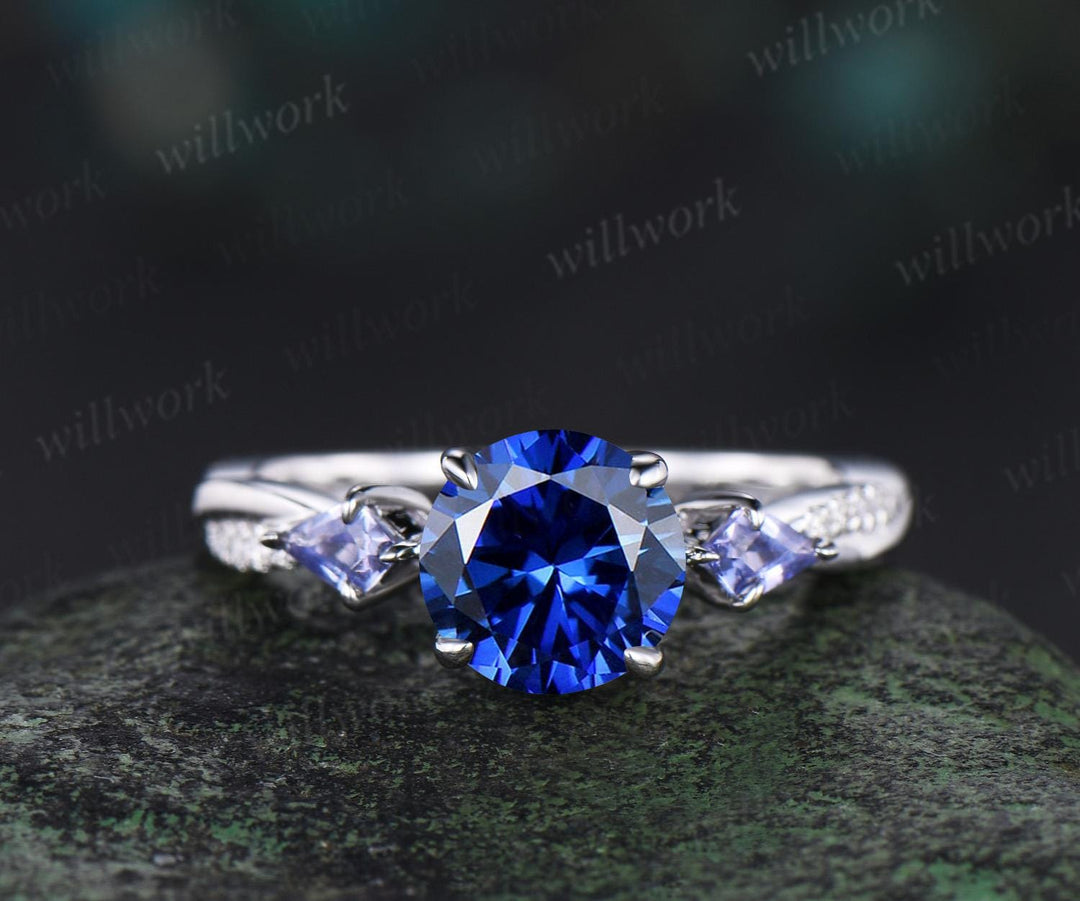 Round cut blue sapphire engagement ring kite Tanzanite ring white gold retro 3/4 eternity diamond promise ring her jewelry