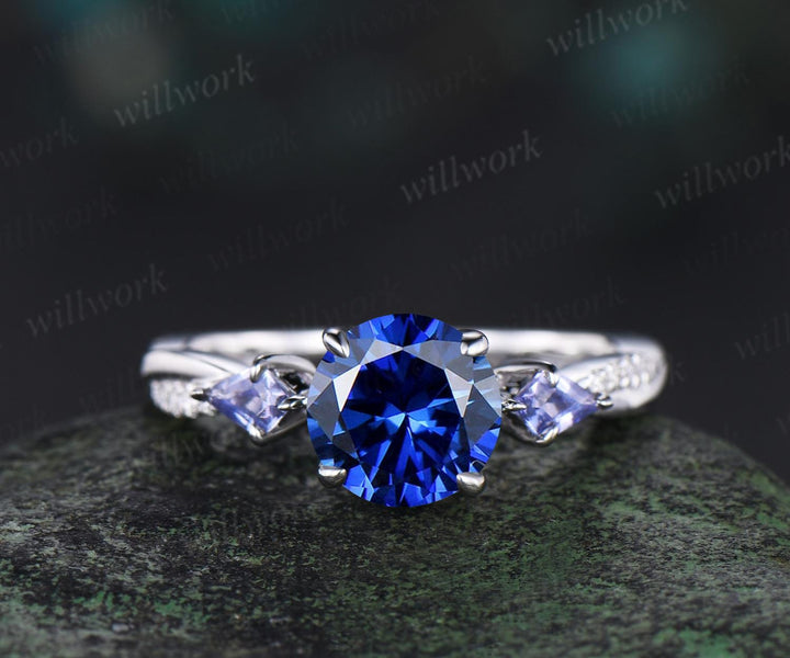 Round cut blue sapphire engagement ring kite Tanzanite ring white gold retro 3/4 eternity diamond promise ring her jewelry
