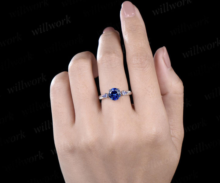 Round cut blue sapphire engagement ring kite Tanzanite ring white gold retro 3/4 eternity diamond promise ring her jewelry