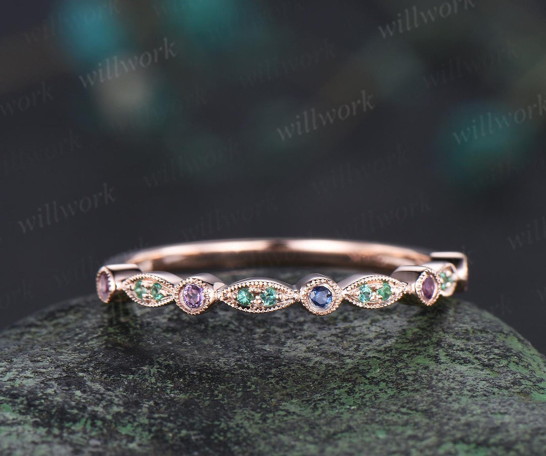 Natural emerald sapphire wedding band half eternity amethyst 14k rose gold art deco marquise milgrain bridal ring women jewelry