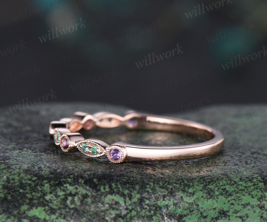 Natural emerald sapphire wedding band half eternity amethyst 14k rose gold art deco marquise milgrain bridal ring women jewelry