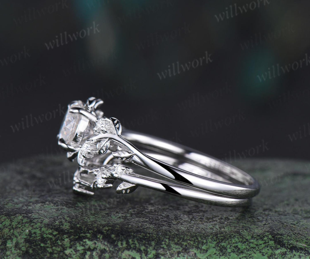 Vintage 1ct round cut IGI Lab grown diamond engagement ring set leaf nature inspired five stone wedding promise ring set women