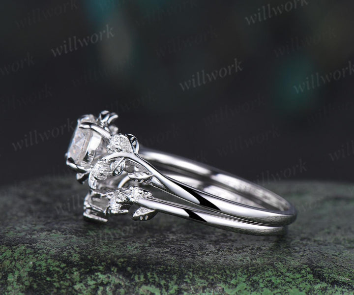 Vintage 1ct round cut IGI Lab grown diamond engagement ring set leaf nature inspired five stone wedding promise ring set women