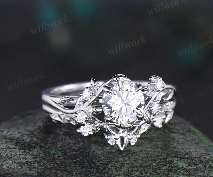 Vintage 1ct round cut IGI Lab grown diamond engagement ring set leaf nature inspired five stone wedding promise ring set women