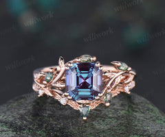 Vintage Asscher cut alexandrite engagement ring set 14k rose gold moss agate cluster leaf nature inspired bridal wedding ring set women