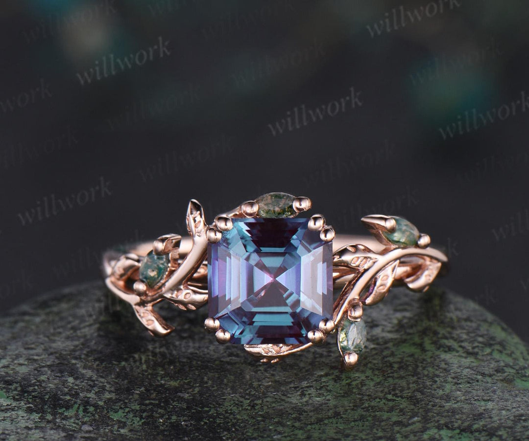 Vintage Asscher cut alexandrite engagement ring set 14k rose gold moss agate cluster leaf nature inspired bridal wedding ring set women