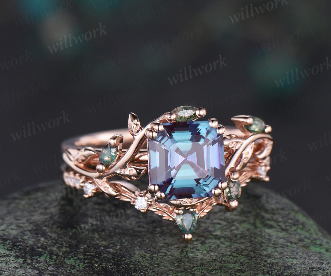 Vintage Asscher cut alexandrite engagement ring set 14k rose gold moss agate cluster leaf nature inspired bridal wedding ring set women