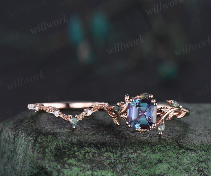 Vintage Asscher cut alexandrite engagement ring set 14k rose gold moss agate cluster leaf nature inspired bridal wedding ring set women