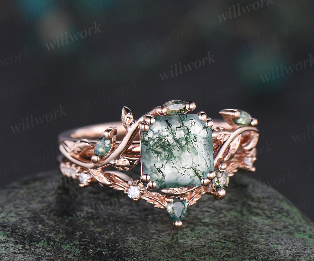 Vintage Asscher cut natural moss agate engagement ring set solid 14k rose gold art deco cluster leaf nature inspired bridal ring set women