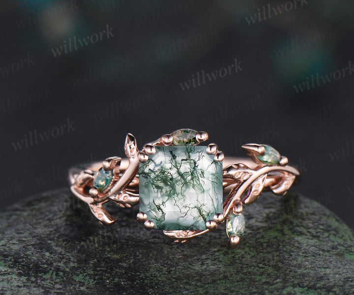 Vintage Asscher cut natural moss agate engagement ring set solid 14k rose gold art deco cluster leaf nature inspired bridal ring set women