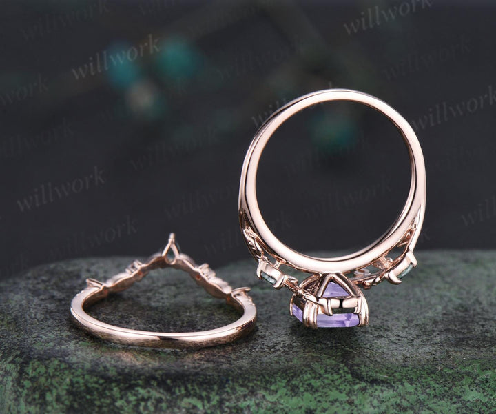 Vintage Asscher cut Lavender Amethyst engagement ring set 14k rose gold cluster leaf nature inspired moss agate bridal ring set women gift
