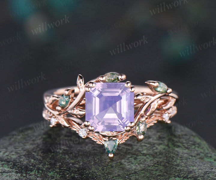 Vintage Asscher cut Lavender Amethyst engagement ring set 14k rose gold cluster leaf nature inspired moss agate bridal ring set women gift