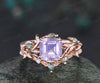 Vintage Asscher cut Lavender Amethyst engagement ring set 14k rose gold cluster leaf nature inspired moss agate bridal ring set women gift