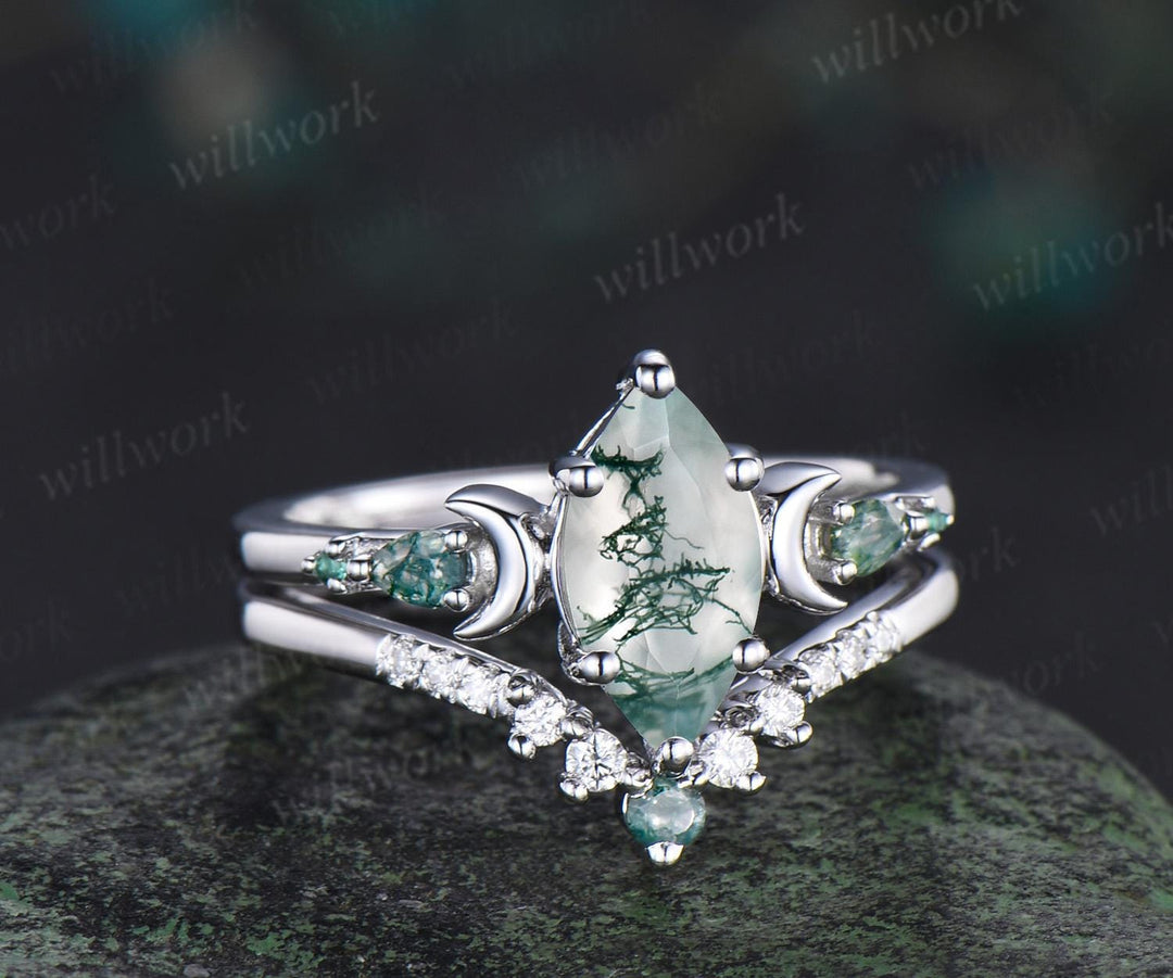 1ct marquise cut natural moss agate engagement ring set women 14k white gold 6 prong five stone moon stacking bridal ring set