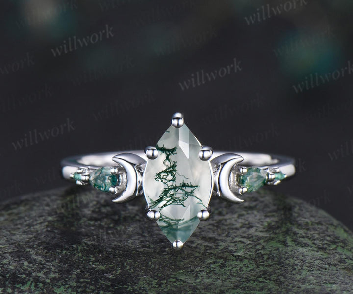 1ct marquise cut natural moss agate engagement ring set women 14k white gold 6 prong five stone moon stacking bridal ring set