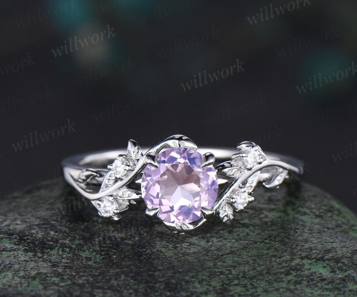 1ct round cut Lavender Amethyst engagement ring set 14k white gold leaf five stone diamond ring women nature inspired bridal set gift